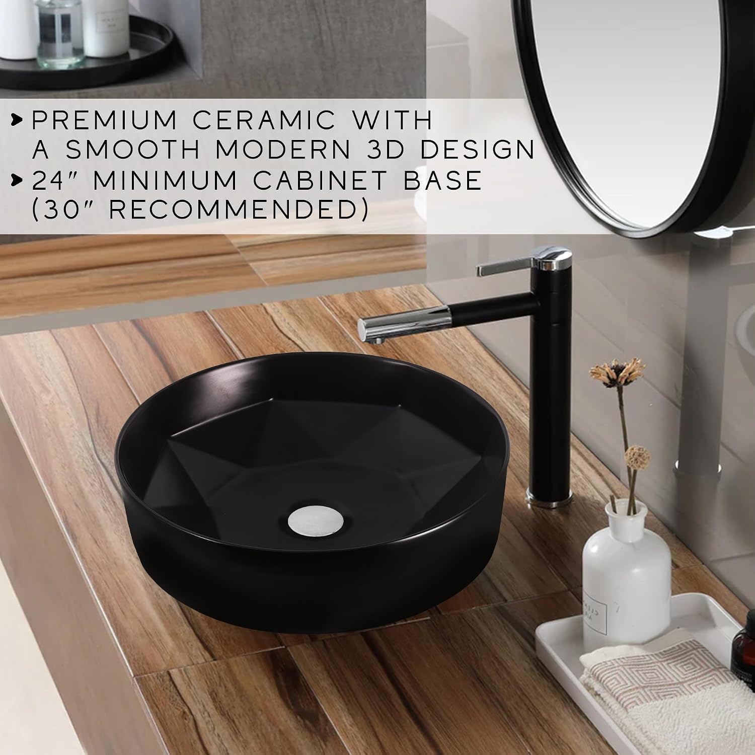 Strictly Sinks Round Ceramic Luxury Vessel Sink - 16 Inch Round Black Vessel Sink, Modern Ceramic Countertop Bathroom Sink – Easy to Install Above Counter Luxurious Bathroom Vessel Sink