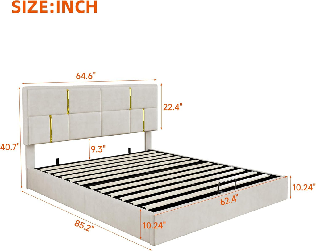 GDFStudio 2-Piece Furniture Set with Queen Size Upholstered Platform Bed with Hydraulic Storage System and Velvet Storage Ottoman with Gold Metal Legs,Modern Bed Frame,Mattress not Included,Beige