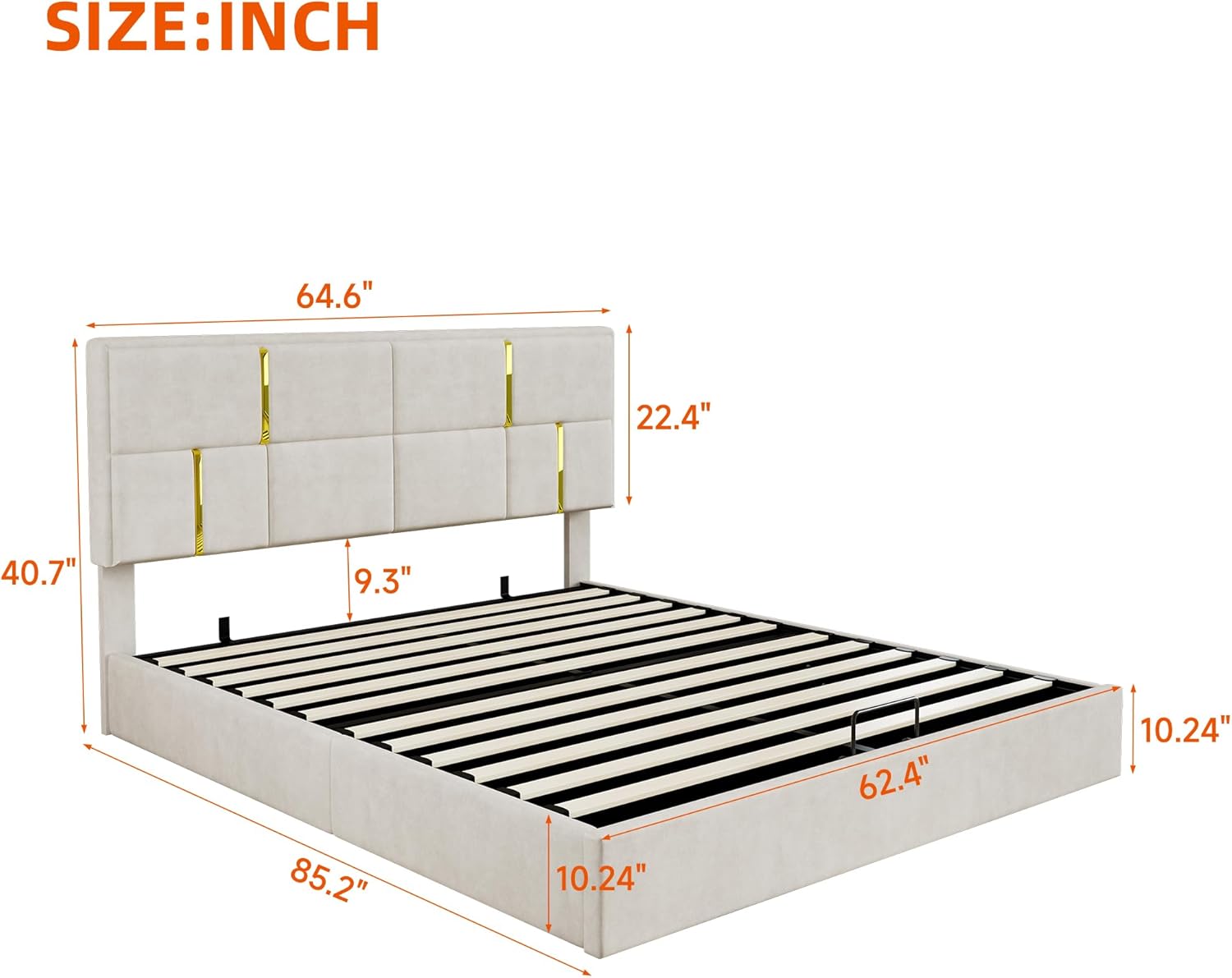 GDFStudio 2-Piece Furniture Set with Queen Size Upholstered Platform Bed with Hydraulic Storage System and Velvet Storage Ottoman with Gold Metal Legs,Modern Bed Frame,Mattress not Included,Beige