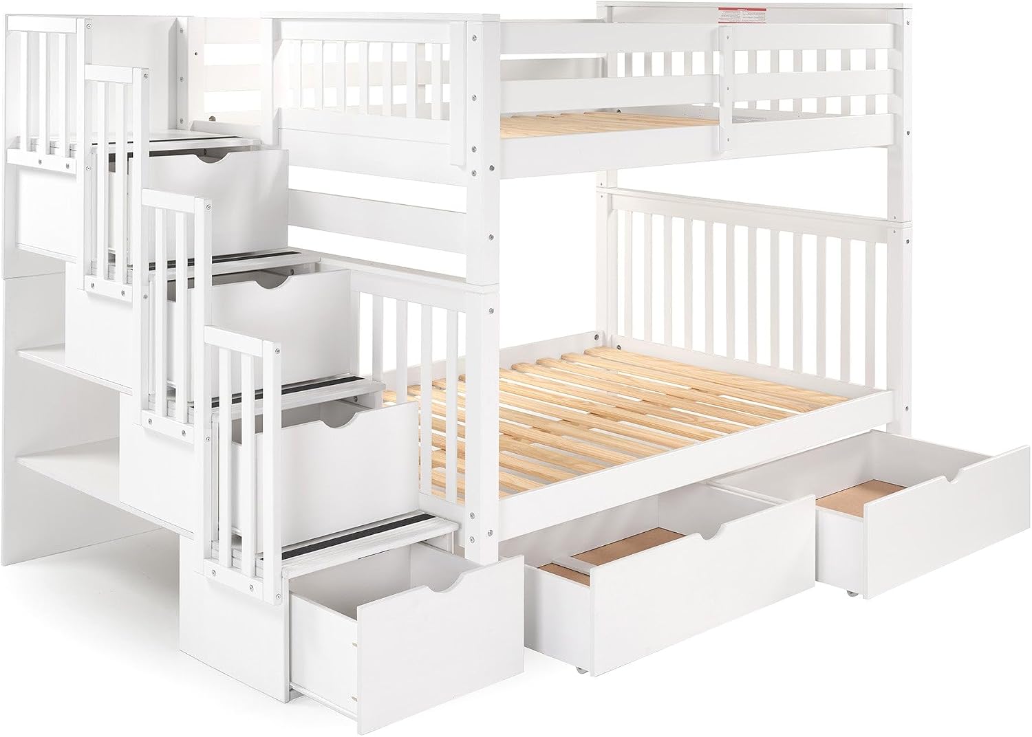 Bedz King Stairway Bunk Beds Full Over Full, 4 Step Drawers, 2 Storage Drawers, White