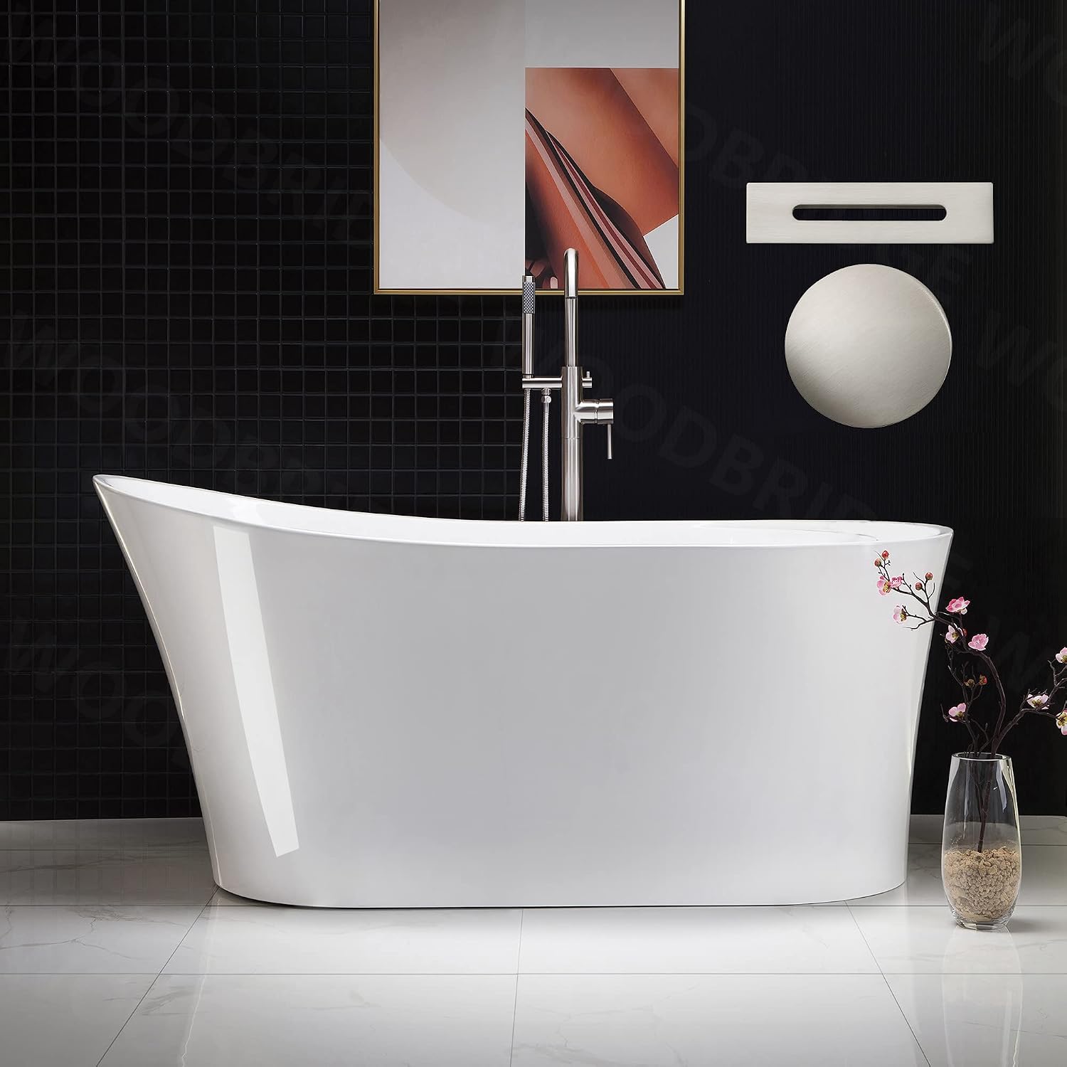 WOODBRIDGE 59' Acrylic Freestanding Bathtub Contemporary Soaking White Tub with Brushed Nickel Overflow and Drain，B0083-B/N-Drain&O