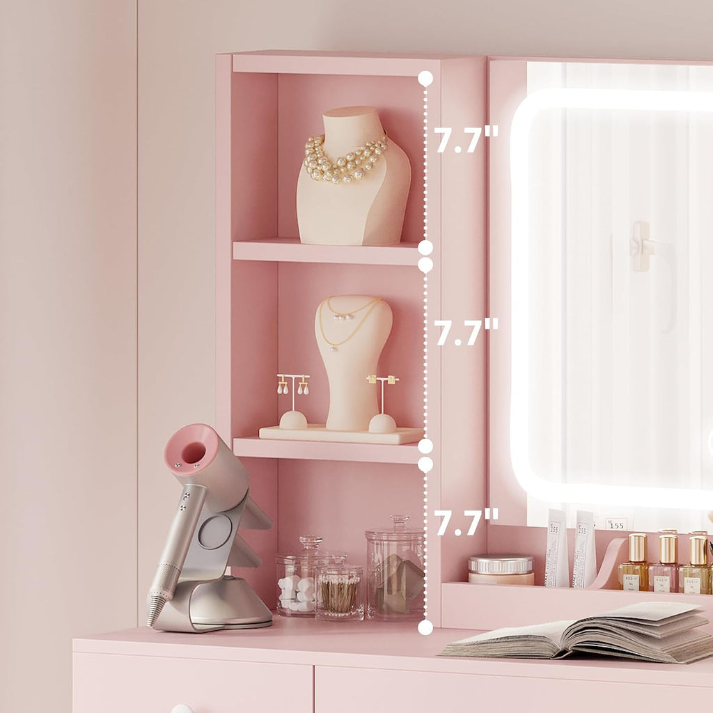 IRONCK Vanity Desk with LED Lighted Mirror & Power Outlet, Makeup Table with Drawers & Cabinet,Storage Stool,for Bedroom, Pink