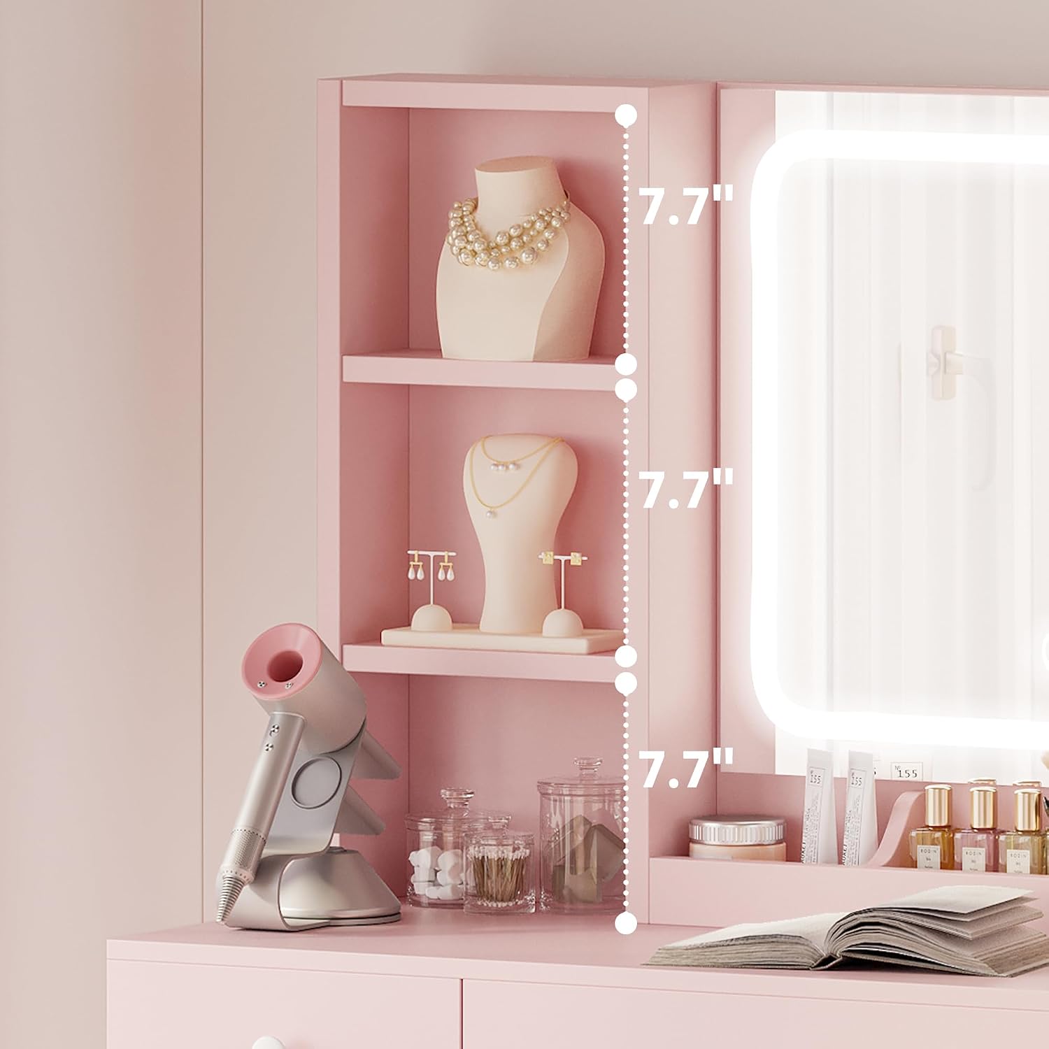 IRONCK Vanity Desk with LED Lighted Mirror & Power Outlet, Makeup Table with Drawers & Cabinet,Storage Stool,for Bedroom, Pink