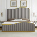 HOWE Queen Size Harp Bed Frame with 61.4' Extra Tall Curved Headboard, Velvet Upholstered Platform Bed with Gold Trim Accented Footboard, No Box Spring Needed, Wooden Slat Support, Light Grey