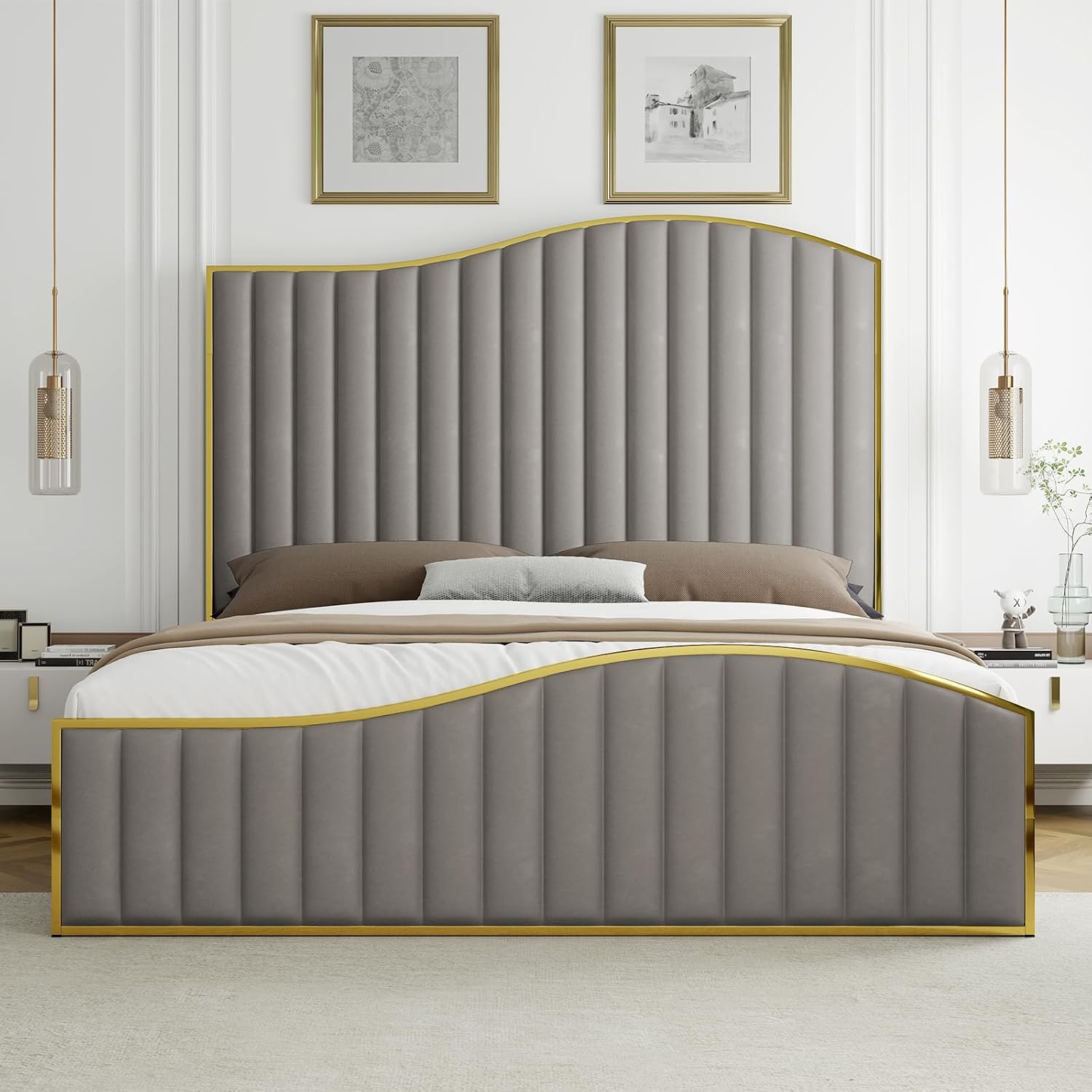 HOWE Queen Size Harp Bed Frame with 61.4' Extra Tall Curved Headboard, Velvet Upholstered Platform Bed with Gold Trim Accented Footboard, No Box Spring Needed, Wooden Slat Support, Light Grey