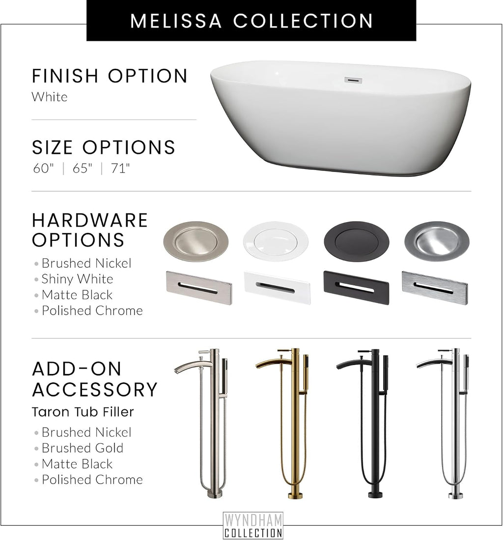 Wyndham Collection Melissa 65 inch Freestanding Bathtub for Bathroom in White with Polished Chrome Drain and Overflow Trim