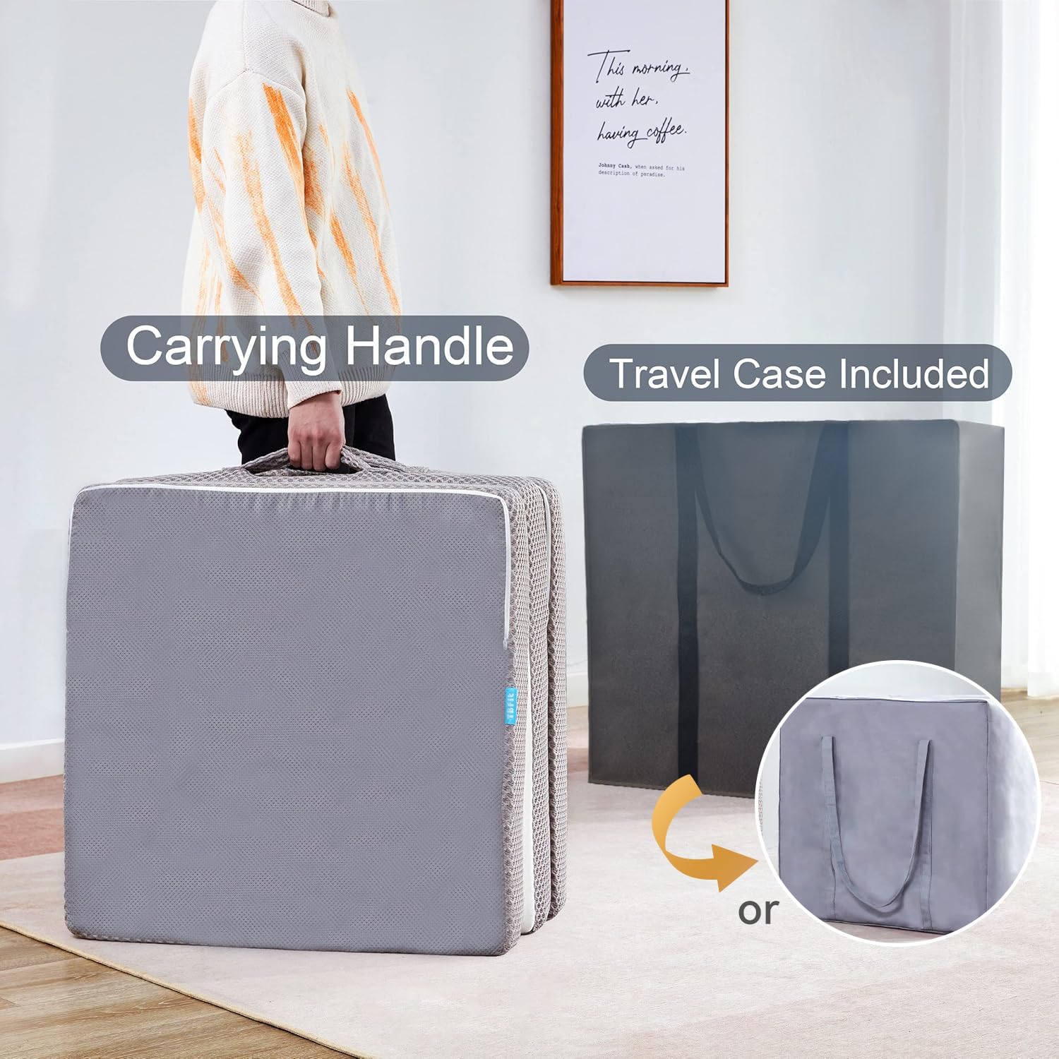Kingfun Foldable Mat 3.8 Inch Folding Topper Tri-fold Gel Memory Foam Breathable with Storage Bag, Portable Floor Guest Mat Soft for Sleeping Camping, Gray, Queen Size