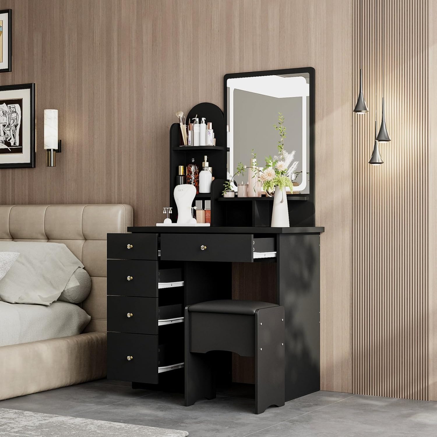 FUFU&GAGA Vanity Set with Rectangular Mirror & Lights, Makeup Vanity Dressing Table with 5 Drawers, Shelves, Dresser Desk and Cushioned Stool Set (Black/Lighted Mirror)