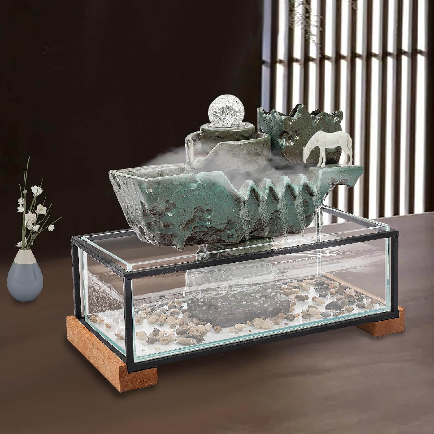 Indoor Fountain Rockery Tabletop Fountain with an Atomizer Elaxation Water Feature Meditation Desktop Fountains for Home Office Decor or Giving 16' x 5'' x 13'' with LED Light & Fish Tank