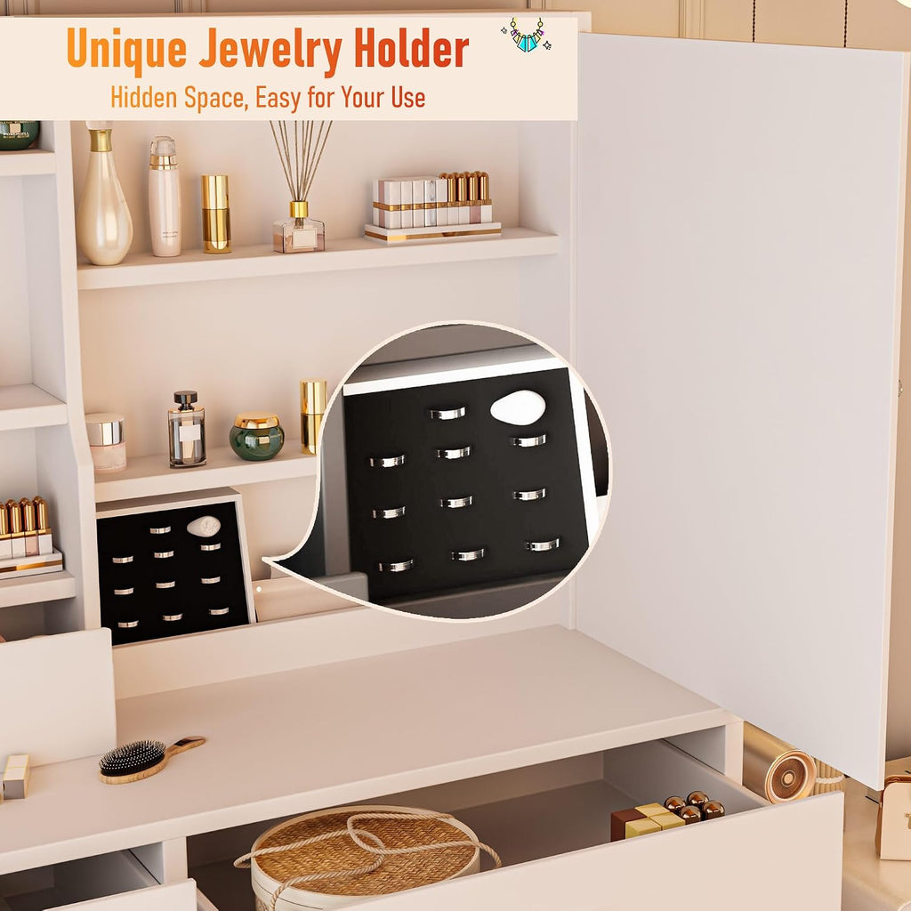 DYHOME Makeup Vanity Desk with LED Lights Mirror 3 Adjustable Modes and Power Outlets, Vanity Table with 6 Drawers Dresser and Bench, Makeup Desk for Bedroom Dressing Room, White