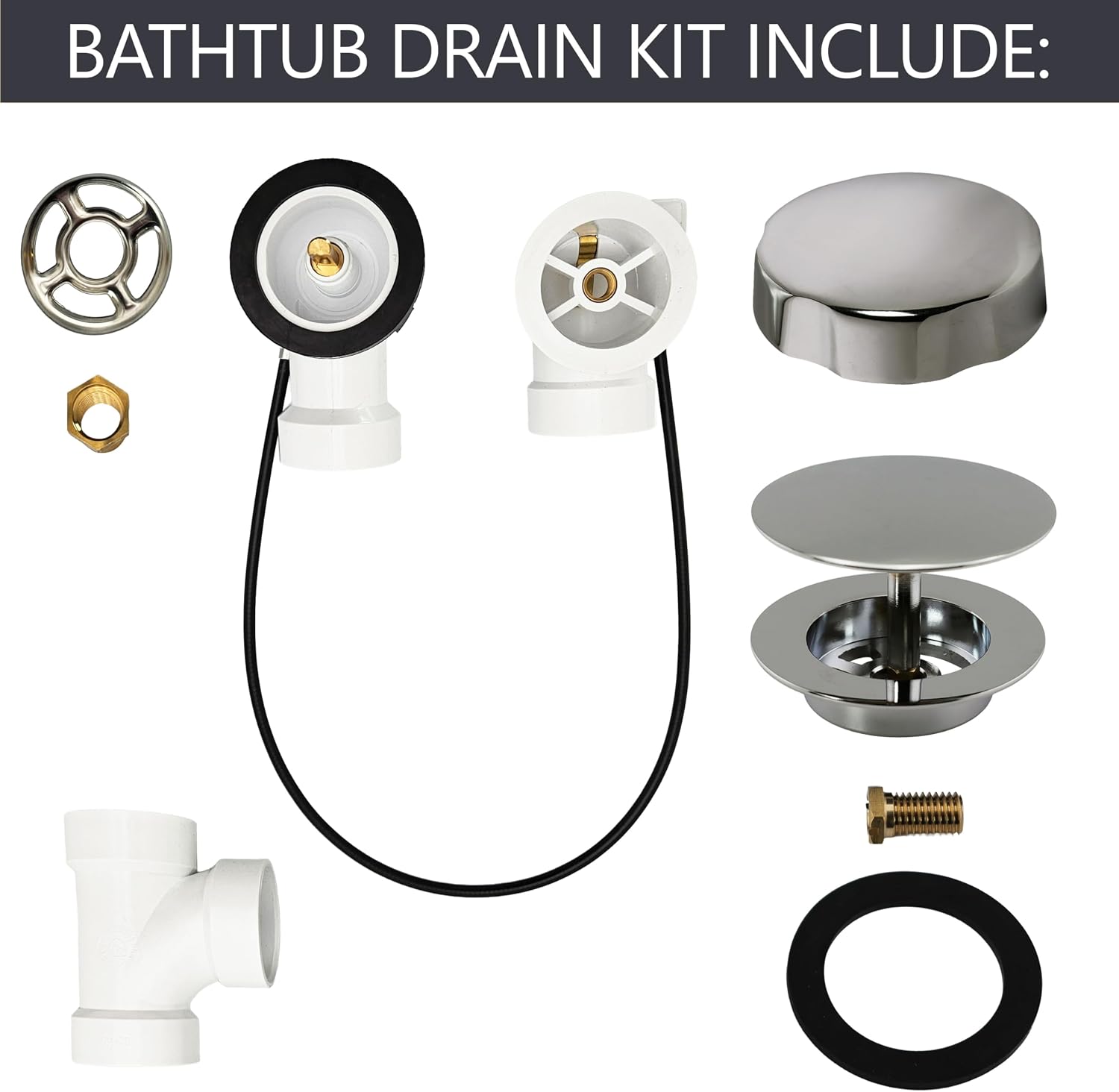 Westbrass A50P45-05 45' SCH. 40 PVC Cable Driven Bath Drain Trim Kit with Rotary Overflow Cover Knob and Pop-Up Stopper, Polished Nickel
