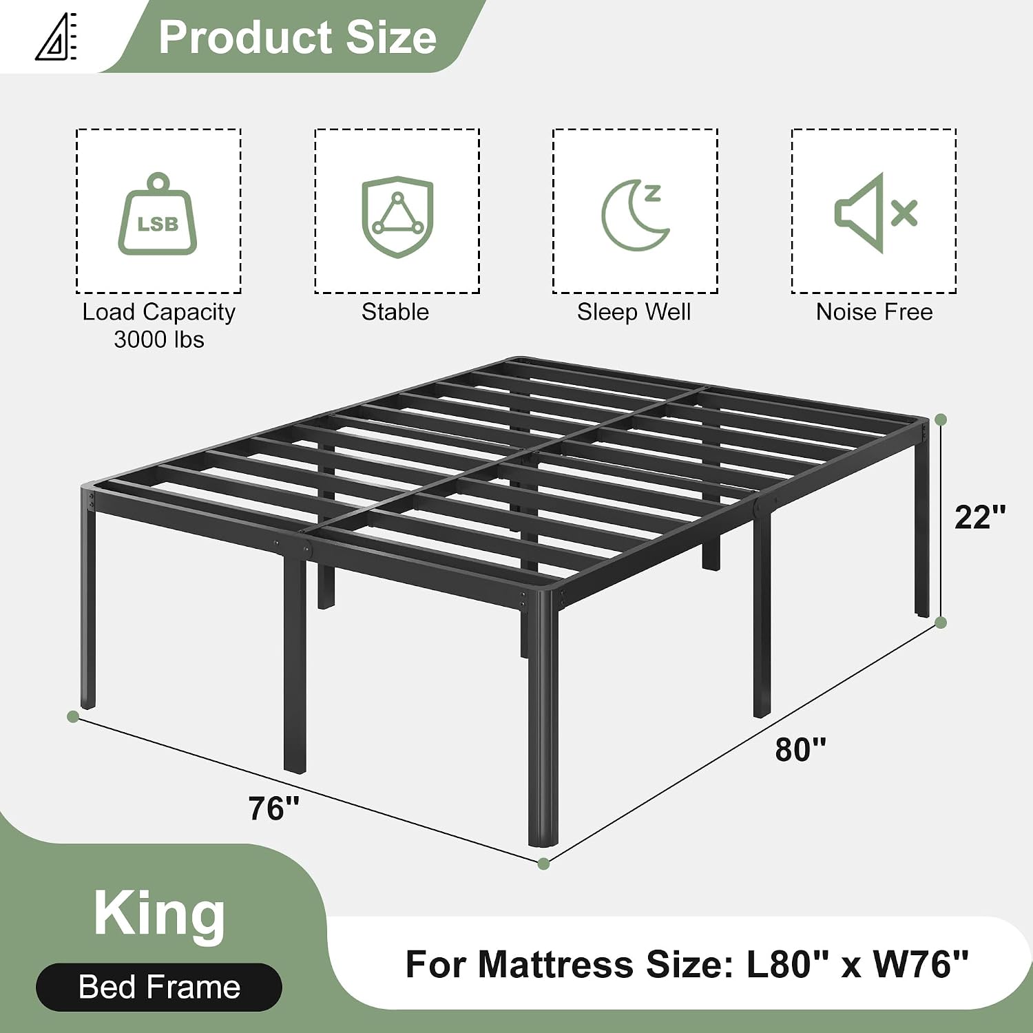 Lutown-Teen 22 Inch High King Bed Frame with Rounded Corner Legs, Sturdy Mattress Foundation, Heavy Duty Metal King Size Platform No Box Spring Needed, Noise Free, Easy Assembly, Black
