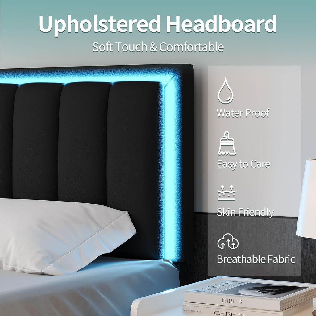 IMMERSTABLE Queen Bed Frame with LED Lights, Upholstered Bed Frame Queen Size with Headboard, Heavy Duty Wood and Metal Slats Support, Noise-Free, No Box Spring Needed, Easy Assembly, Black