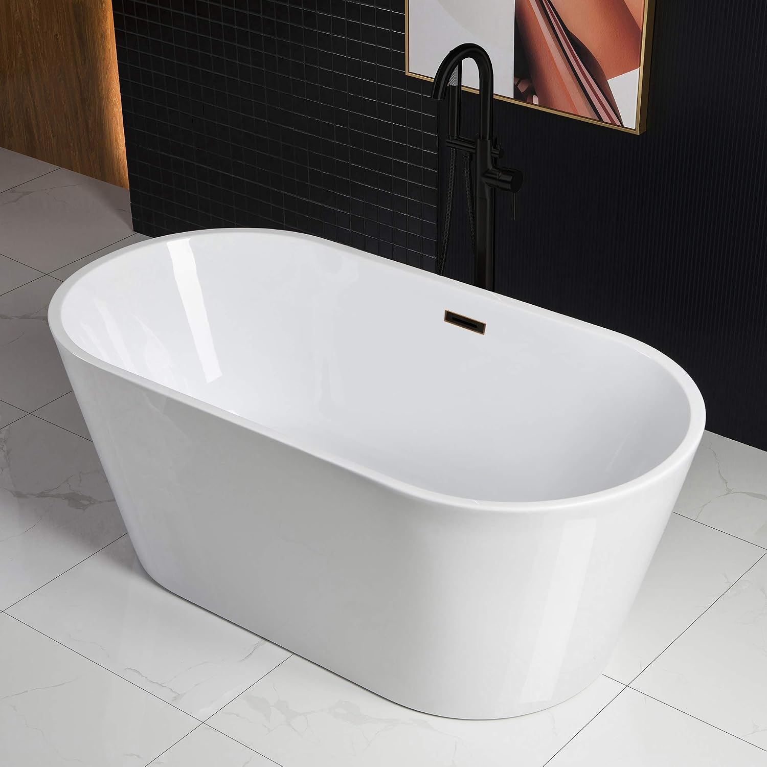 WOODBRIDGE 59' Acrylic Freestanding Bathtub Contemporary Soaking White Tub with Oil-Rubbed Bronze Overflow and Drain,B0014-ORB