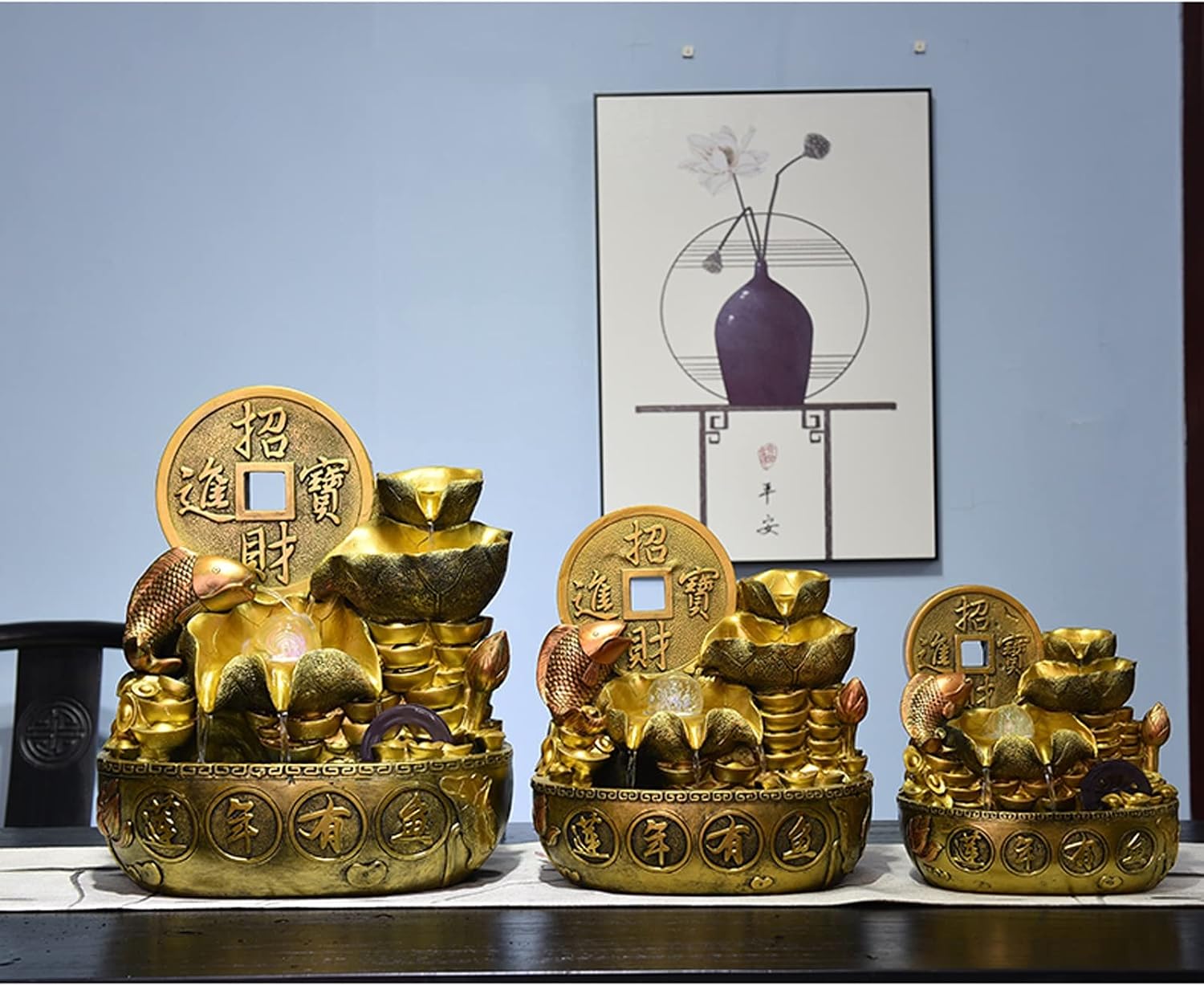 Tabletop Fountain Indoor Fountain Chinese Style Tabletop Waterfall Fountains Relaxation Water Feature Feng Shui Desktop for Home and Office Decor, Gold(Medium)