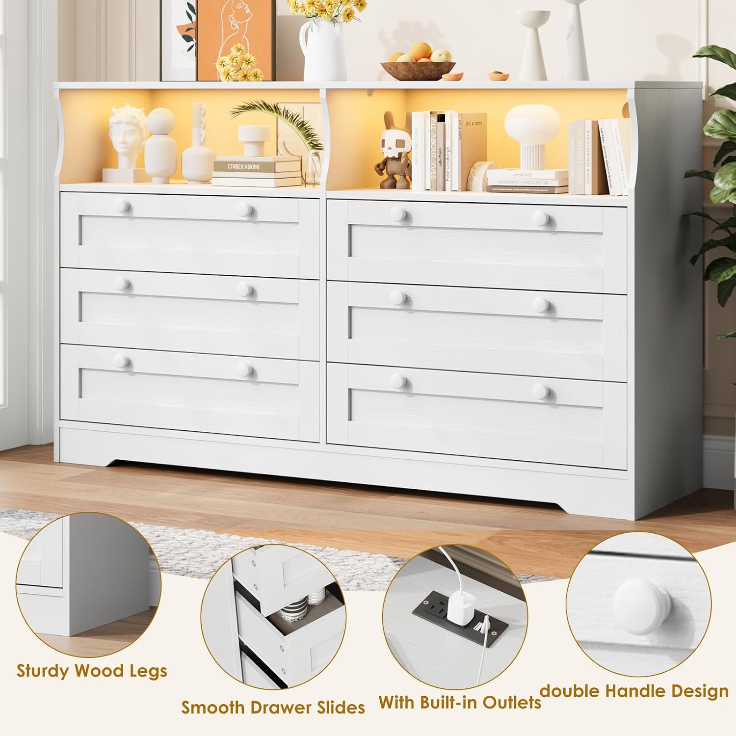 GarveeLife White Dresser for Bedroom with 6 Drawers, Large Wooden Bedroom Dressers with Power Outlet and Led Lights, 55 in Wide TV Dresser, Wood Modern 6 Drawers Dressers & Chests of Drawers for Room