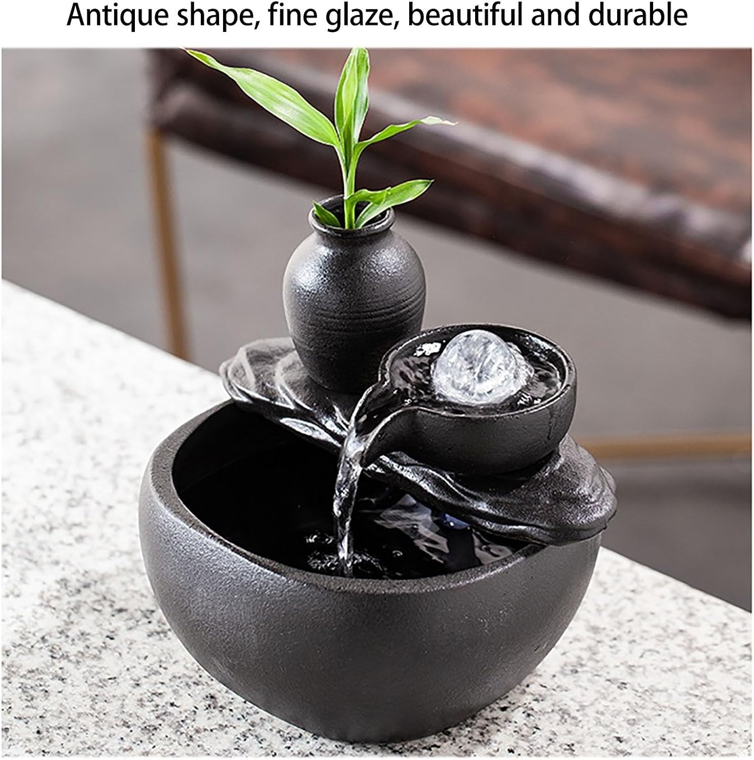 Ceramics Tabletop Water Fountain with Crystal Ball for Indoor Use, Tabletop Fountain Relaxing Ambient Sound Flowing Ornaments Fish Tank Fountain(Black,with Atomizer-C)