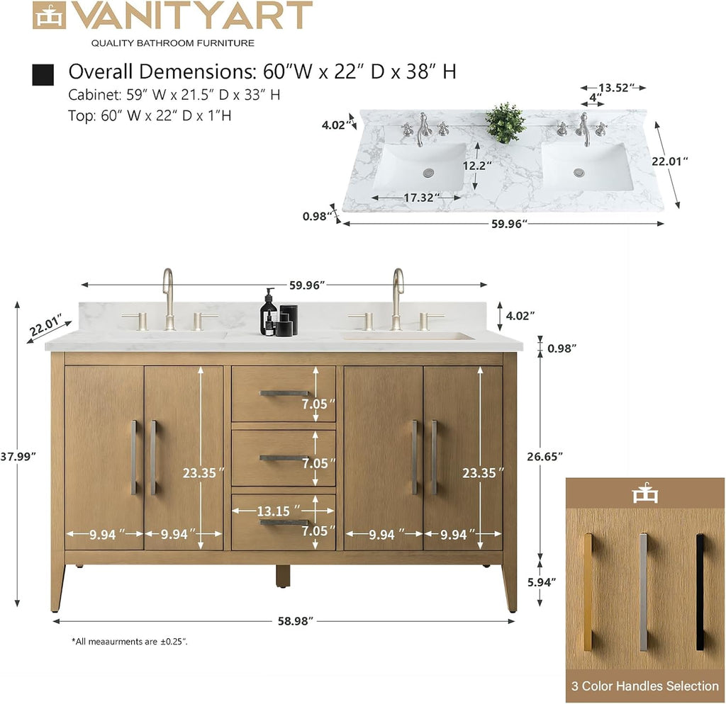 Vanity Art 60 inch Bathroom Vanity with Double Sink & Ceramic Top, Vanity Cabinet with Soft-Closing Doors, Drawers, Solid Wood Frame, Natural Oak, VA9060-DNO-GB1