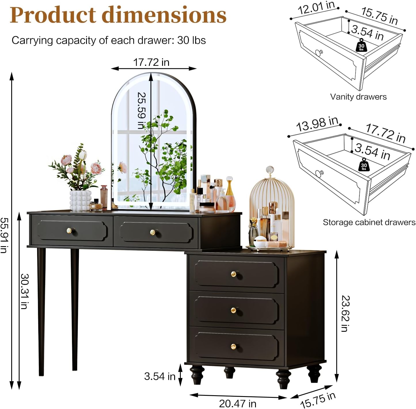 Ieejdn Black,Vanity Desk with Mirror and Lights,Makeup Vanity with Power Outlet and Adjustable Cabinet,Modern Makeup Table with 3 Drawers for Bedroom Makeup Room