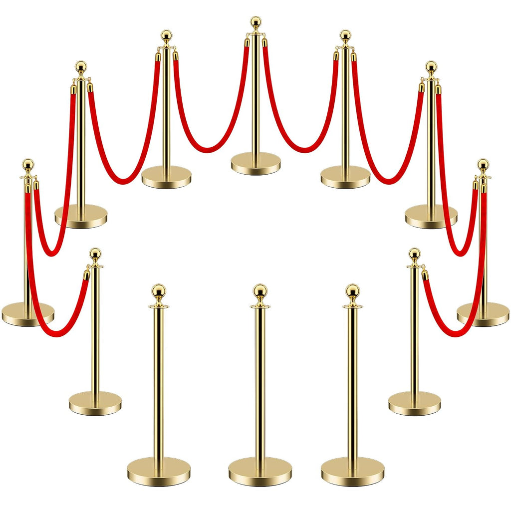 LOVMOR 12Pcs Gold Stanchion Posts Queue with 8pcs Red Velvet Rope, Crowd Control Barriers Queue Line Rope, Crowd Control Stanchion for Party Supplies