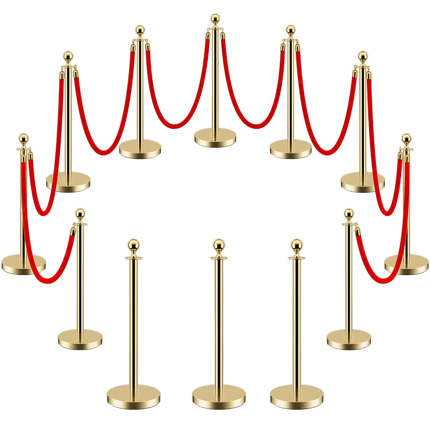 LOVMOR 12Pcs Gold Stanchion Posts Queue with 8pcs Red Velvet Rope, Crowd Control Barriers Queue Line Rope, Crowd Control Stanchion for Party Supplies