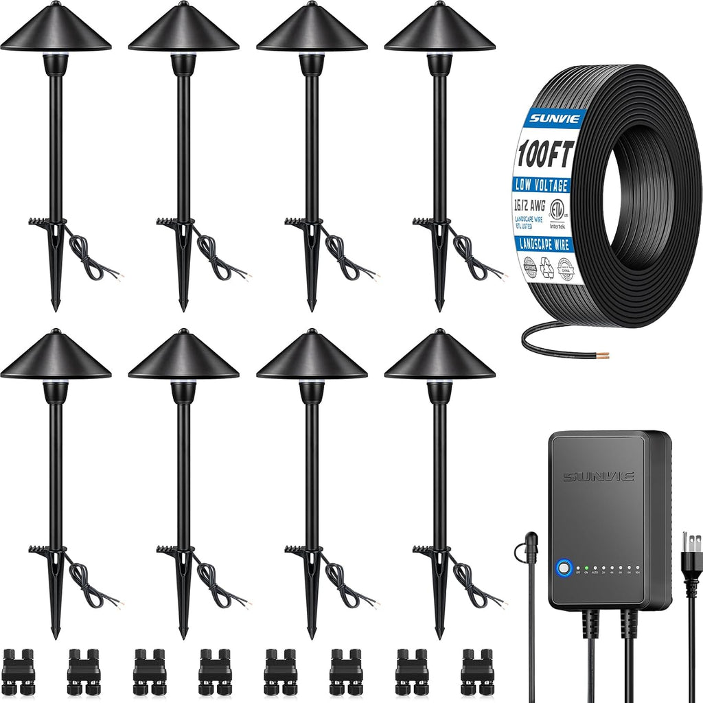 SUNVIE All-In-One LED Low Voltage Landscape Lighting Kit, 8 Pack Pathway Lights with Connector Transformer and 100FT Low Voltage Wire, 3000K Landscape Lighting for Path Walkway Garden Yard