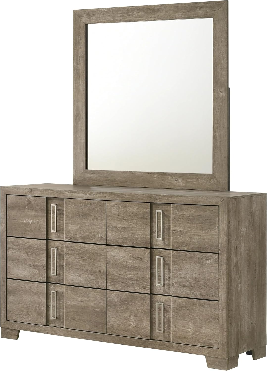 KB Designs - 5-Piece Bedroom Set with LED Panel Bed, Dresser with Mirror, Chest and Nightstand, Weathered Gray Oak Finish, Contemporary Rustic Design, Queen Size Bed