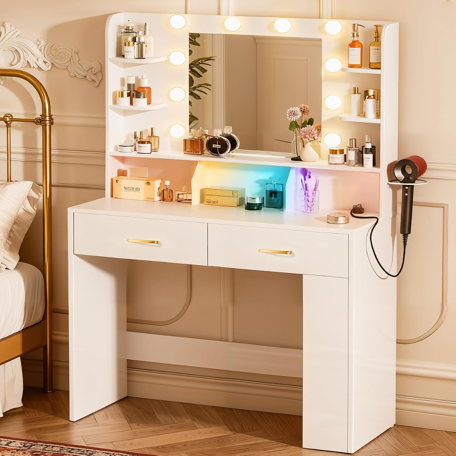 COMHOMA Vanity Desk with Lighted Mirror and Power Outlet, RGB LED Lights Makeup Vanity Set for Girls, Large Storage Capacity Dressing Table for Bedroom, 3 Lighting Modes Adjustable Brightness, White