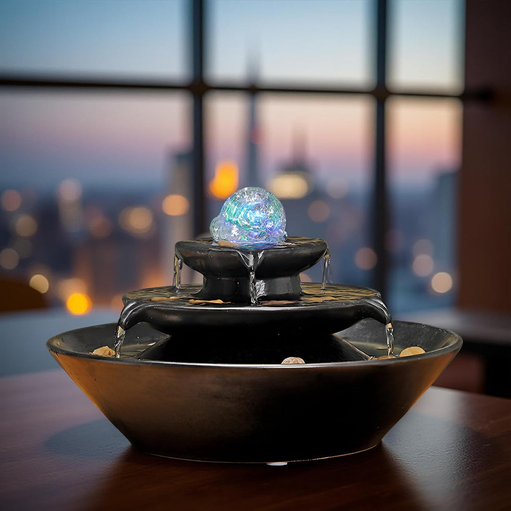 11.8' Indoor Tabletop Fountain, Ceramic Multi-Tier Waterfall with Crystal Ball & Fish Tank Feature, Free 10pcs Natural Crystals, Zen Home/Office/Entryway Decor, Housewarming Gift(Black)