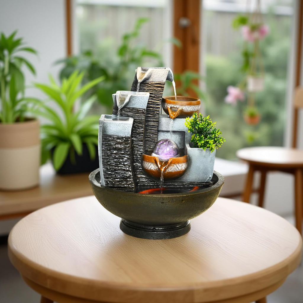 16.93' Indoor Tabletop Fountain with LED Fish Tank, Lighted Crystal Ball & Free 10 Natural Crystals – Water Feature for Home, Office, Entryway & Housewarming Gift (Style 2)