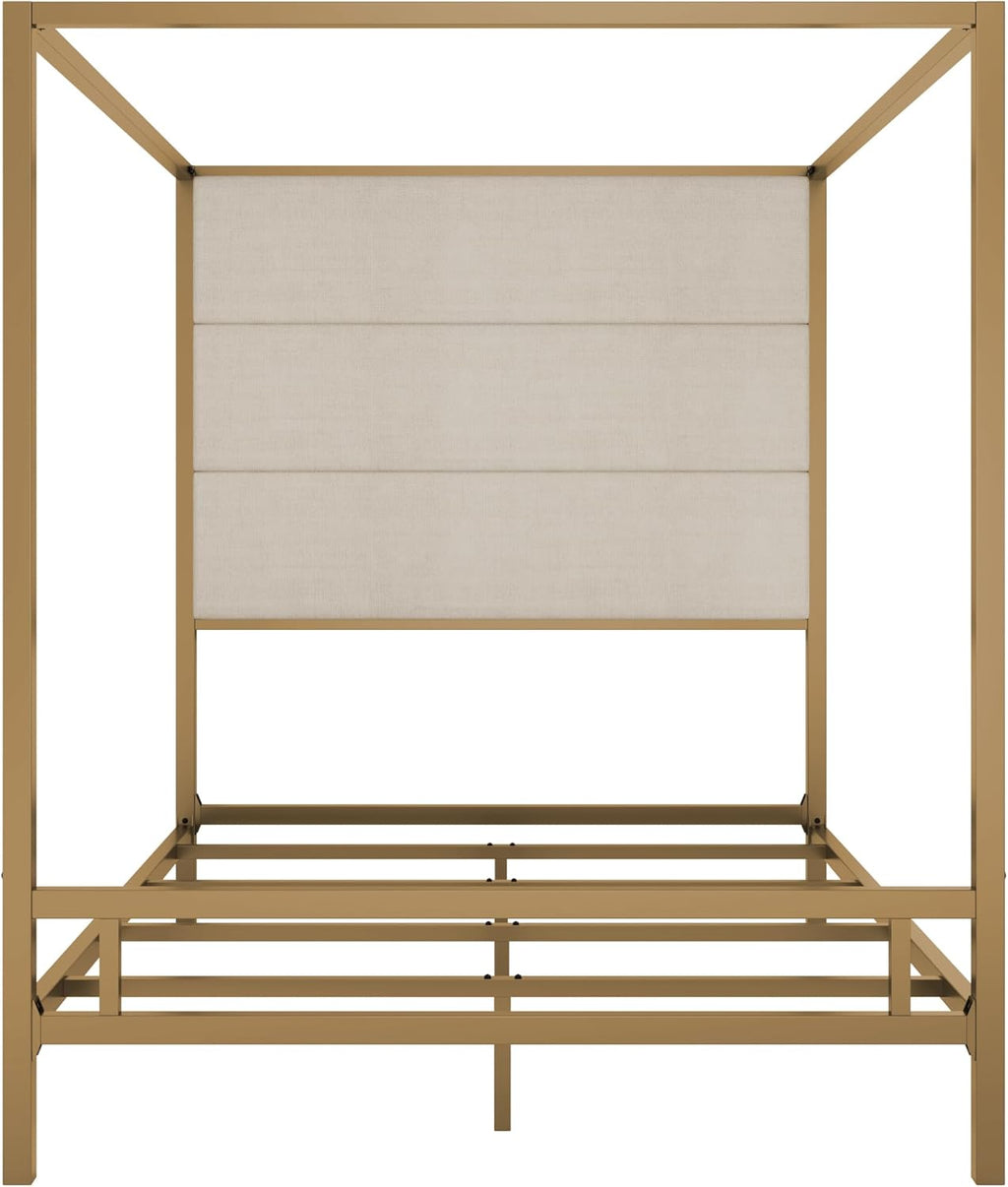 Queen Size Metal Canopy Bed Frame, Canopy Bed with Tall Linen Fabric Upholstered Headboard, Box Spring Needed, Gold+Tan