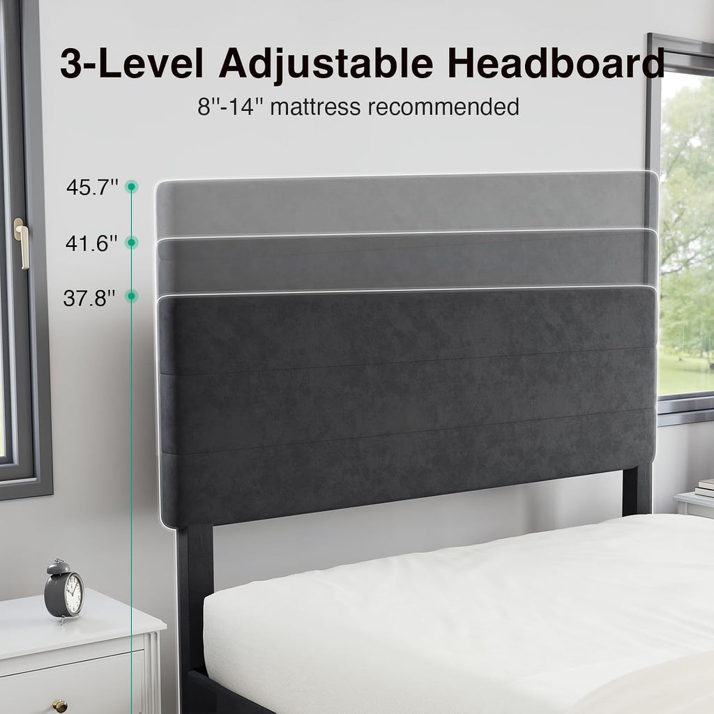 Novilla Queen Bed Frame, Queen Size Bed Frame with Wooden Slats Support, Velvet Upholstered Stripe Headboard, No Box Spring Needed, Heavy Duty Feet, Easy Assembly, Black Velvet