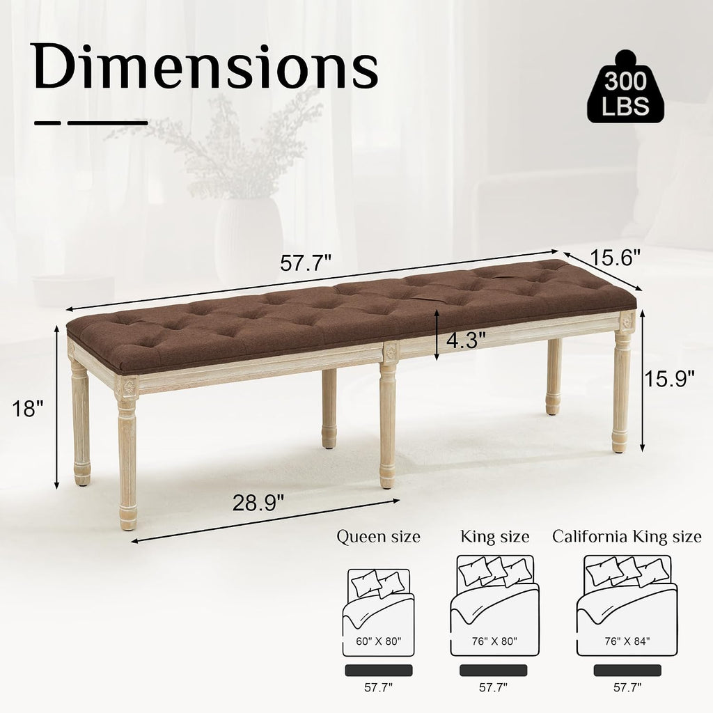 LOULENS 57.7' Linen Fabric End of Bed Bench, French Upholstered Button Tufted Bench for Bedroom End of Bed King Size, Window Seat with Carved Wood Legs for Bedroom, Living Room, Entryway, Brown