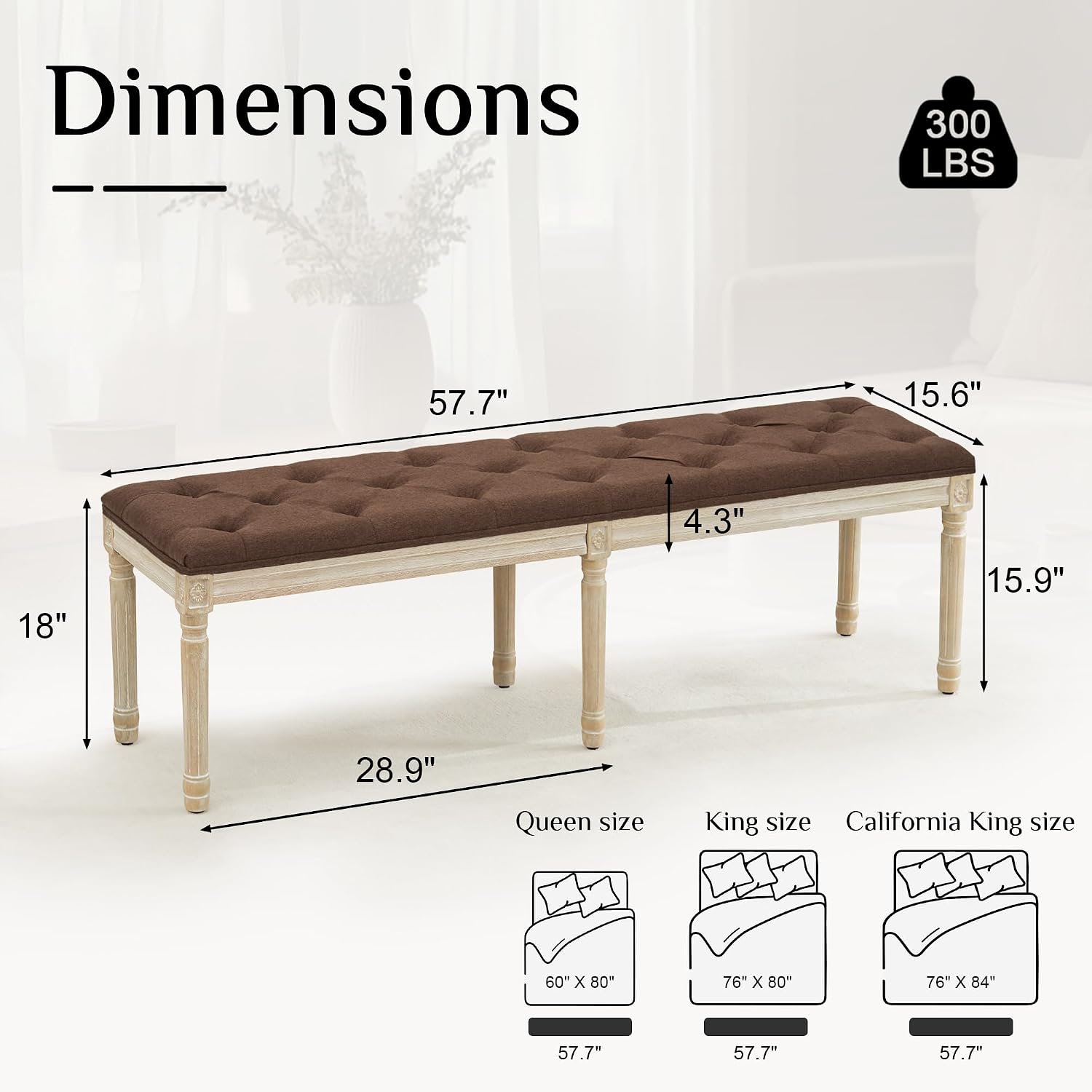 LOULENS 57.7' Linen Fabric End of Bed Bench, French Upholstered Button Tufted Bench for Bedroom End of Bed King Size, Window Seat with Carved Wood Legs for Bedroom, Living Room, Entryway, Brown