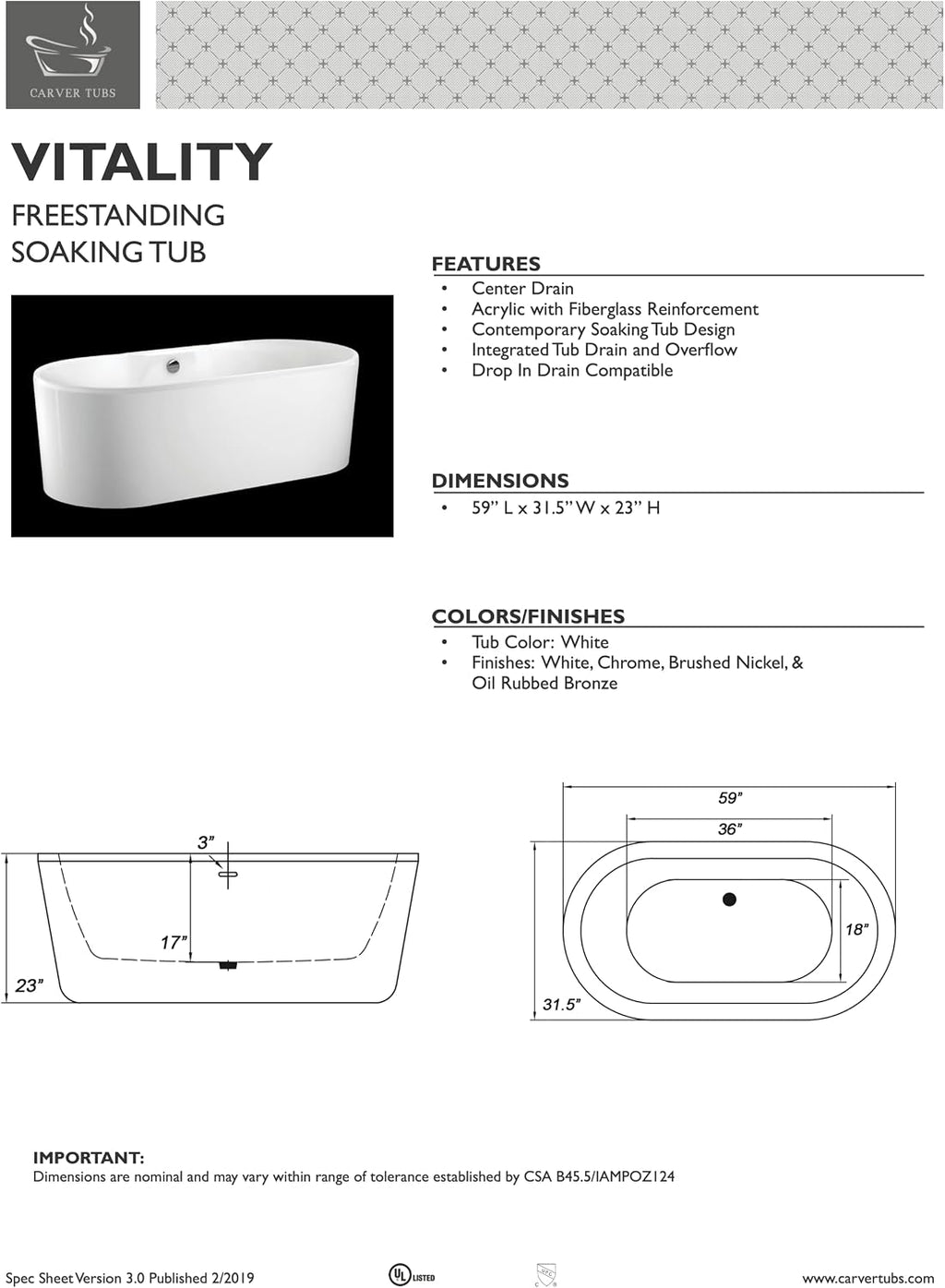 Carver Tubs - Vitality 59' - Modern White Freestanding Soaking Bathtub, With Oil Rubbed Bronze Center Drain - Classic Oval Acrylic Fiberglass Bath Tub - Deep Relaxing Soak - 59' L x 31.5' W x 23' H