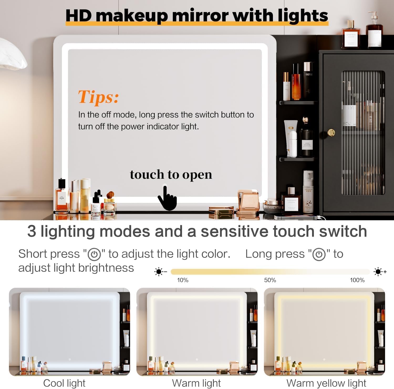 Arulvmrn 47.24' Big Modern Vanity Desk with Mirror and Lights, Vanity Desk with 29.53' HD Lighted Mirror, Makeup Vanity with 5 Drawers and Storage Shelves and Charging Station, Black2
