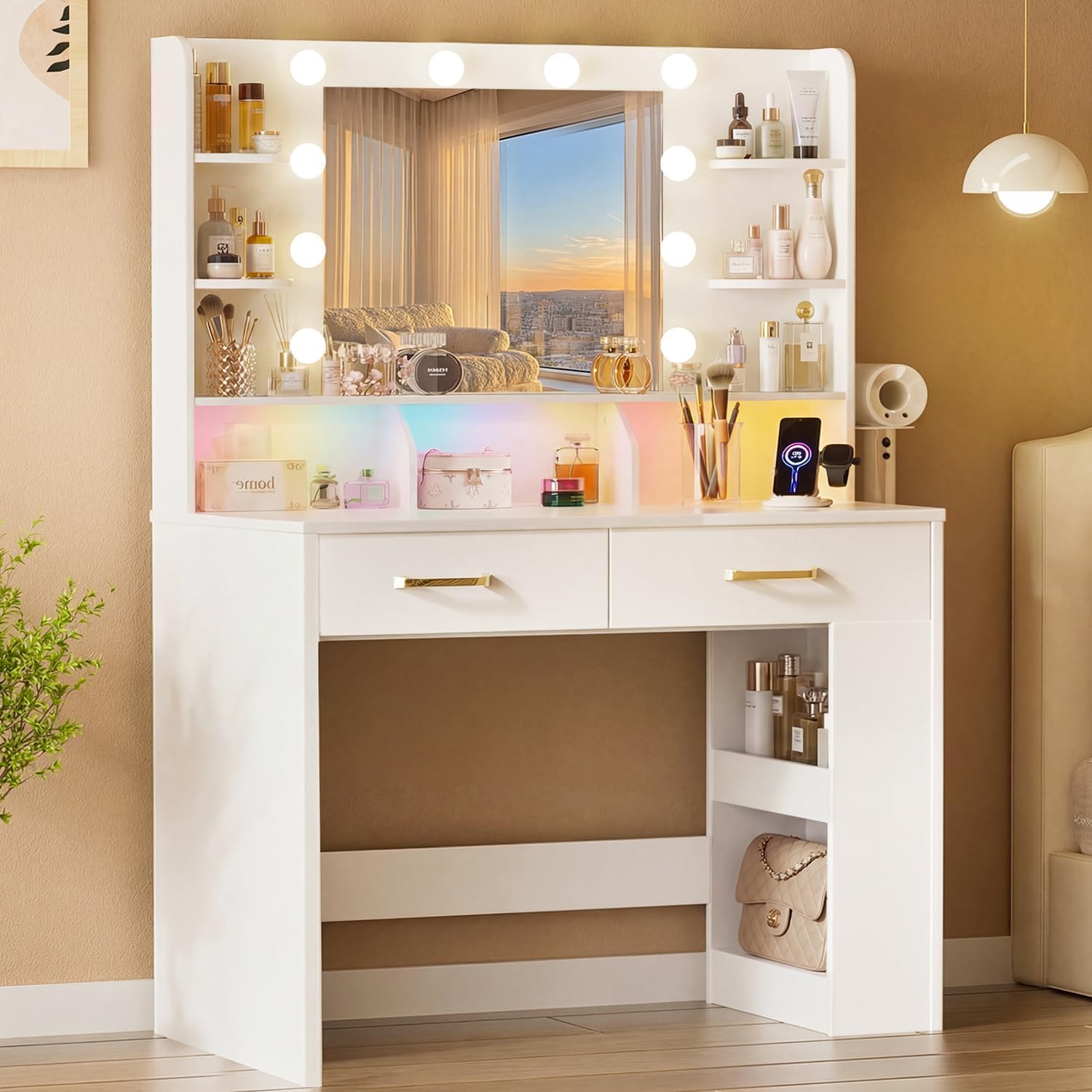 COMHOMA Vanity Desk with Lighted Mirror and Power Outlet, RGB LED Lights Makeup Vanity Set for Girls, Large Storage Capacity Dressing Table for Bedroom, 3 Lighting Modes Adjustable Brightness, White