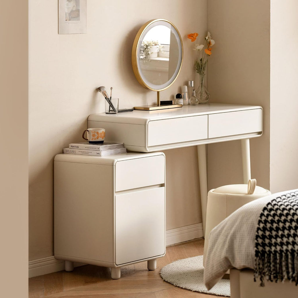 YESWOOD Extendable Makeup Vanity Desk, Solid Rubber Wood Dressing Table with Cabinet, Makeup Desk and Vanity Table for Bedroom, White, No Chair and No Mirror