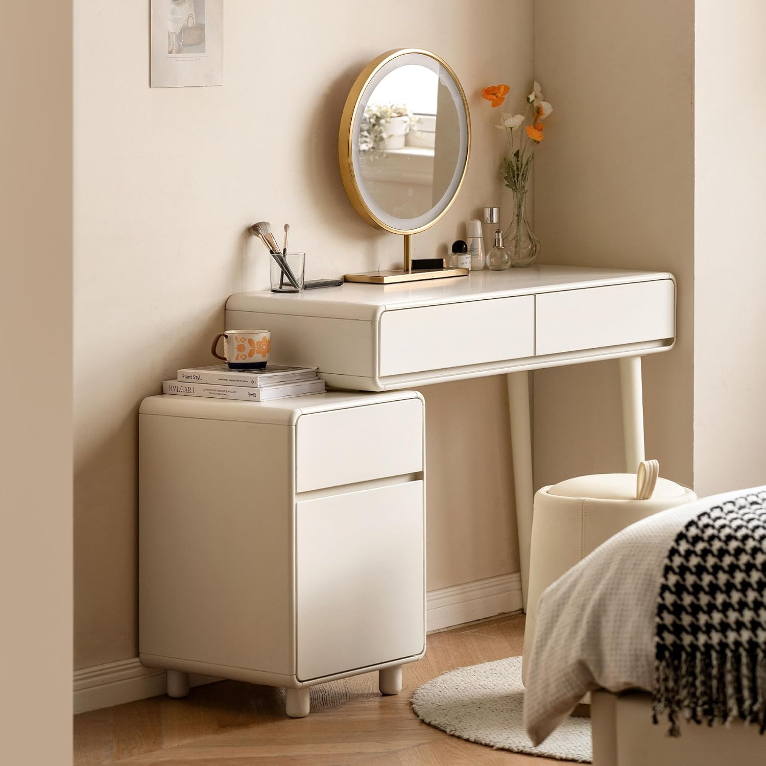 YESWOOD Extendable Makeup Vanity Desk, Solid Rubber Wood Dressing Table with Cabinet, Makeup Desk and Vanity Table for Bedroom, White, No Chair and No Mirror