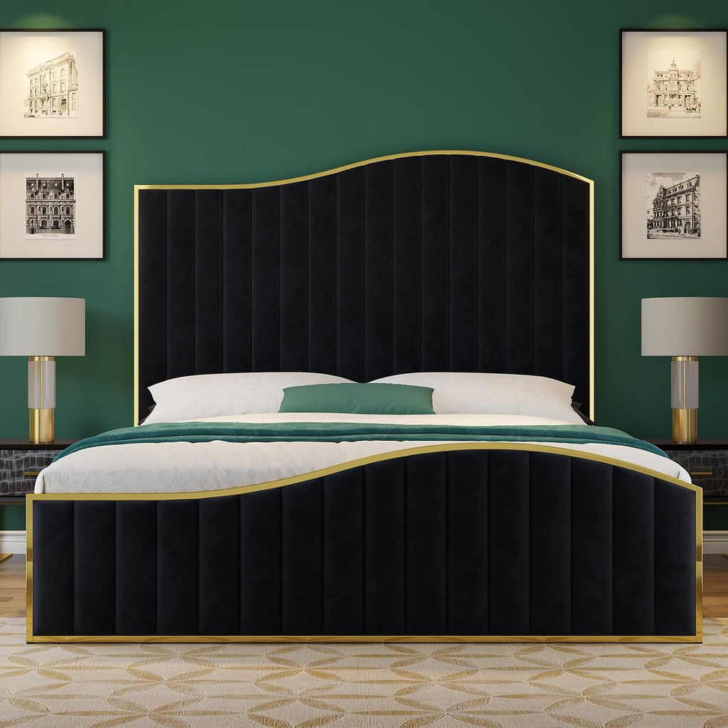 HOWE Queen Size Harp Bed Frame with 61.4' Extra Tall Curved Headboard, Velvet Upholstered Platform Bed with Gold Trim Accented Footboard, No Box Spring Needed, Wooden Slat Support, Black