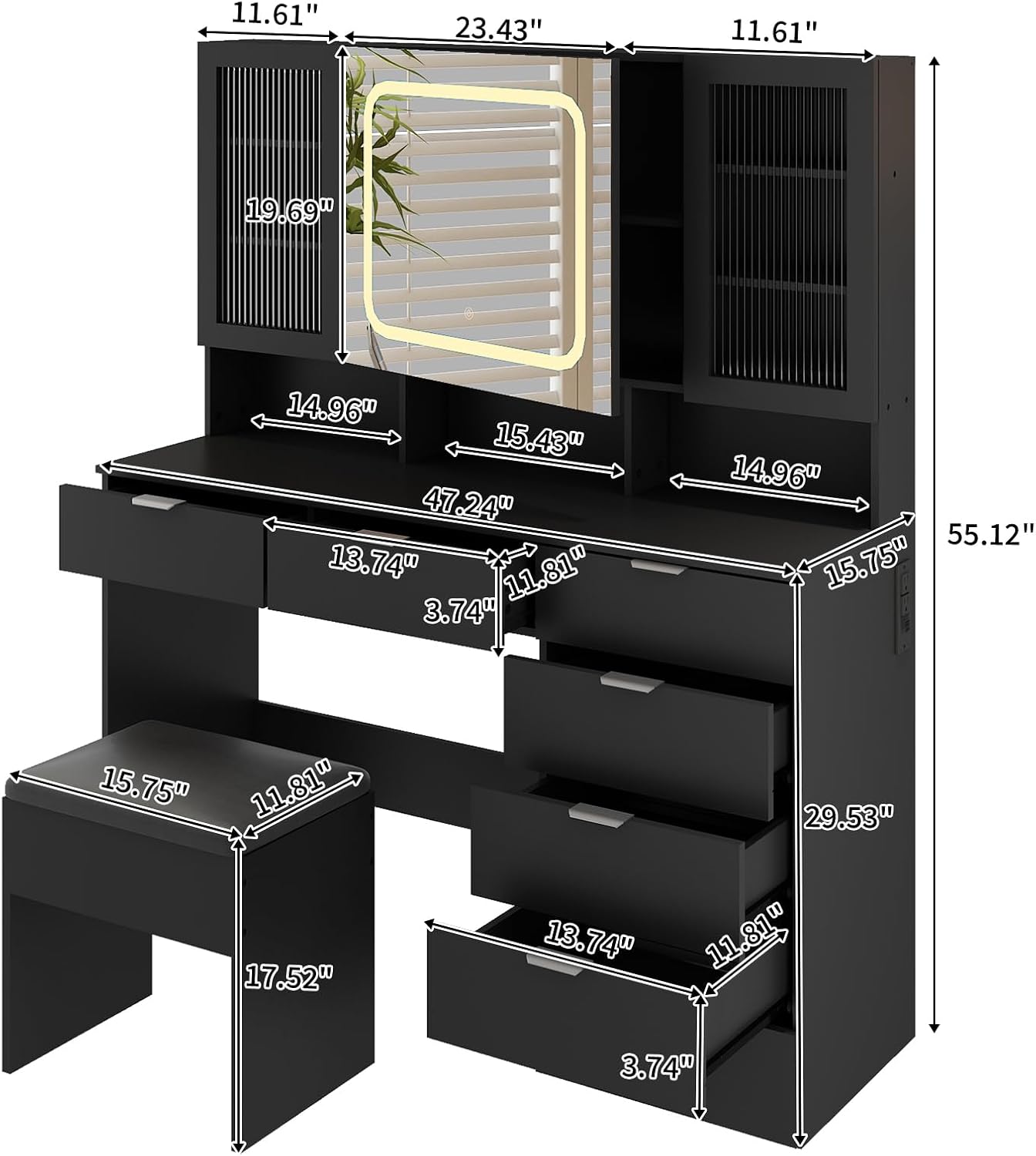 VINGLI Vanity Desk with LED Lighted Mirror & Padded Bench, Makeup Set with 7 Drawers & 2 Clear Glass Cabinets & 1 Hidden Mirror Cabinet & 3 Storeroom & Charging Station for Bedroom, Black