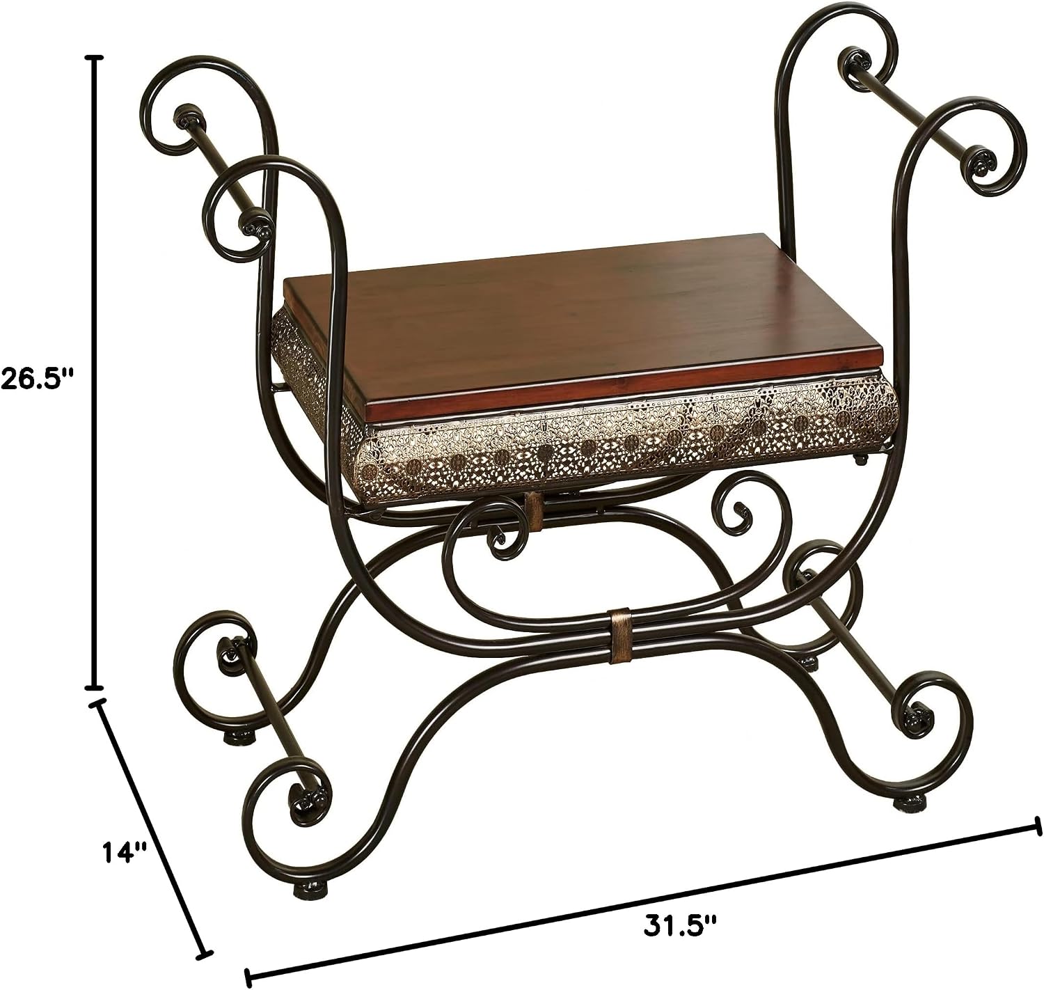 Touch of Class Charleston Ornate Openwork Vanity Bench Stool Bronze | Lace Scrolls with Arms - Metal with Naturally Cherry Wood Seat | Elegant Stools for Bathroom, Makeup, Bedroom