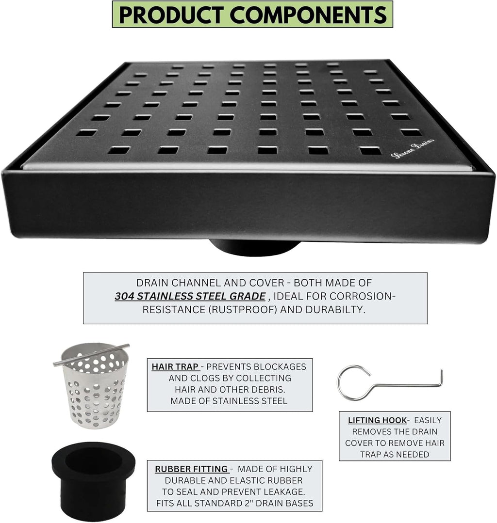 Serene Square Shower Drains - Traditional Square Design 6 Inch- stainless steel Luxurious line by Serene Steam include Rubber fitting (Matte Black)