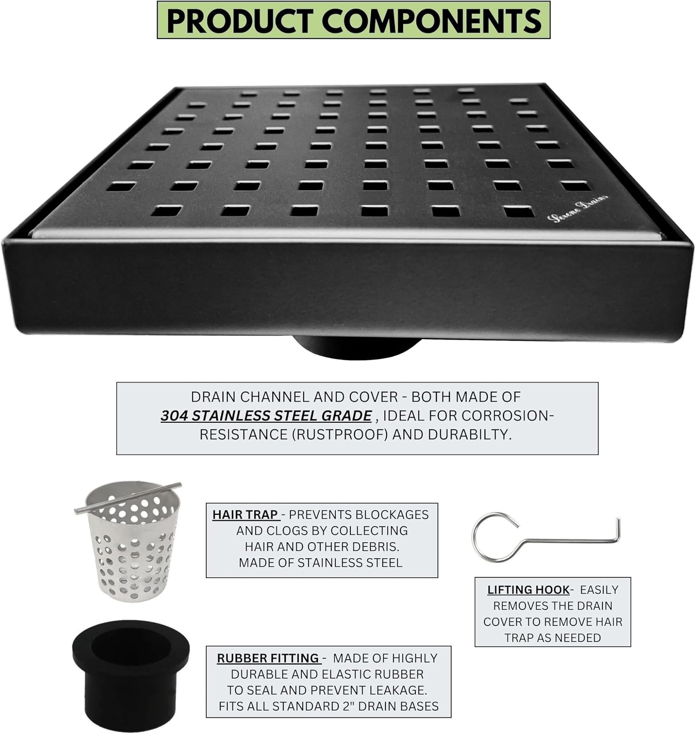 Serene Square Shower Drains - Traditional Square Design 6 Inch- stainless steel Luxurious line by Serene Steam include Rubber fitting (Matte Black)