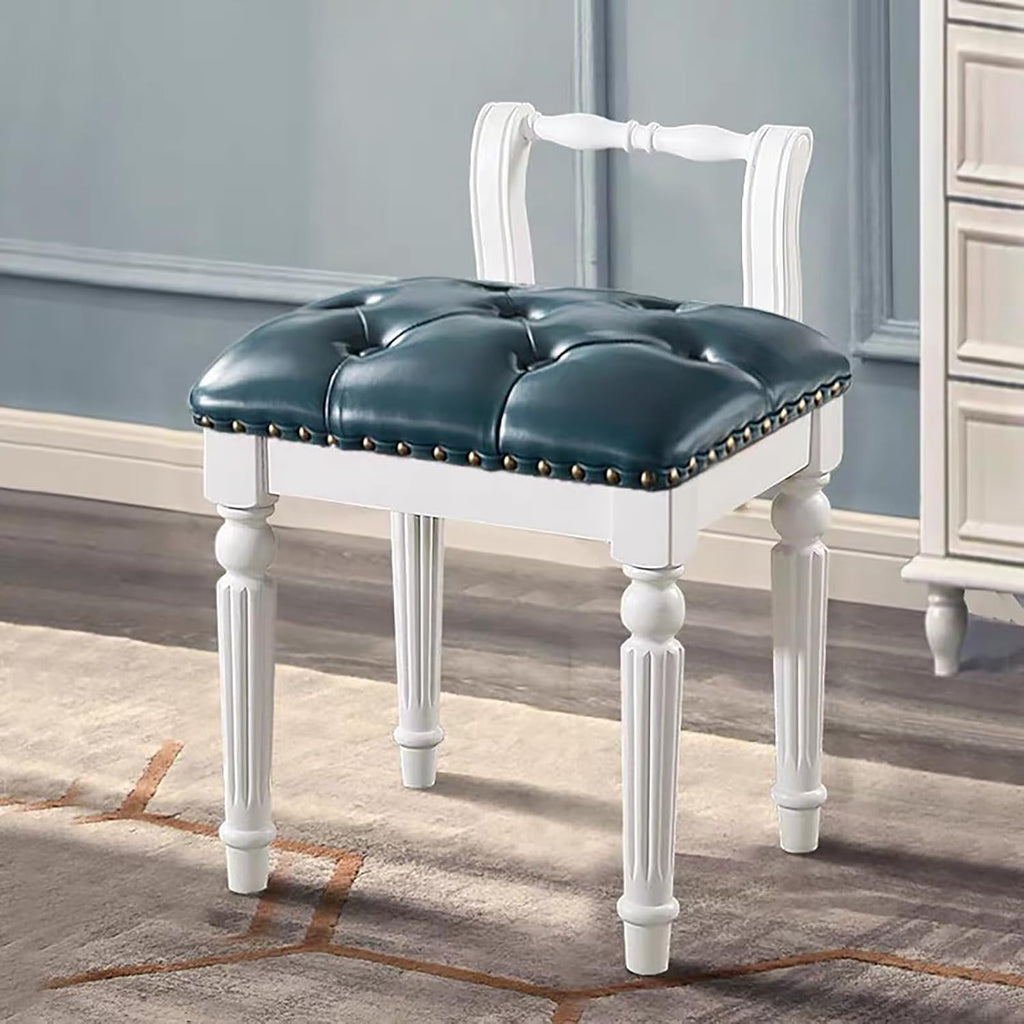 Low Back Vanity Bench Stool with Padded Cushion, Leather Retro Makeup Stool, Solid Wood Carving Legs, Piano Bench for Makeup Room, Bedroom, Living Room (White + Blue)