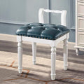 Low Back Vanity Bench Stool with Padded Cushion, Leather Retro Makeup Stool, Solid Wood Carving Legs, Piano Bench for Makeup Room, Bedroom, Living Room (White + Blue)