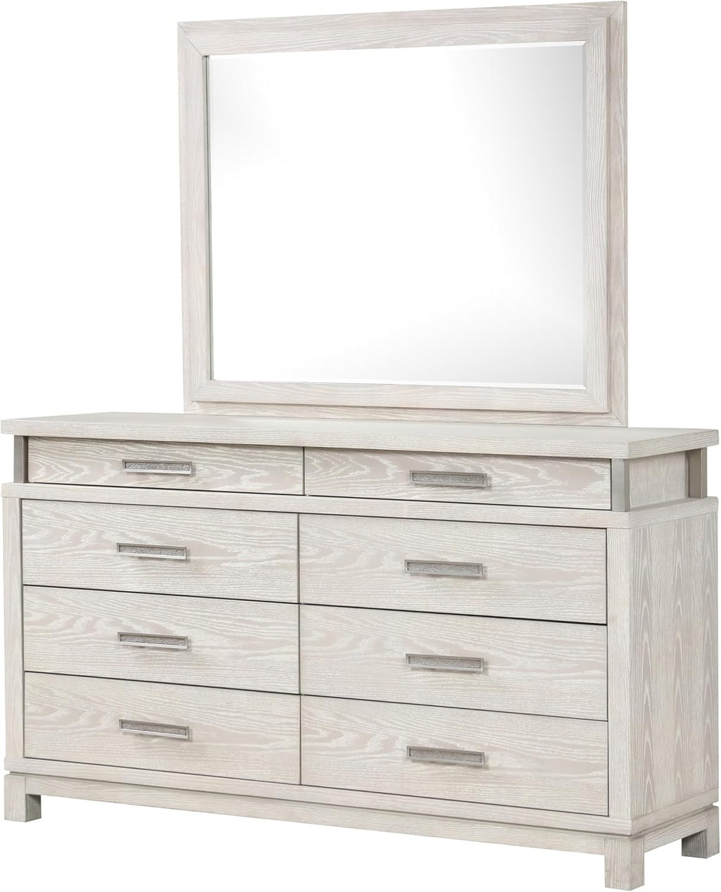 Furniture of America Bailer Modern Solid Wood 5-Piece Bedroom Set with LED on Headboard, Stainless Steal Posts and Marble Top on Nightstand, Box Spring Needed, Queen, Weathered Gray