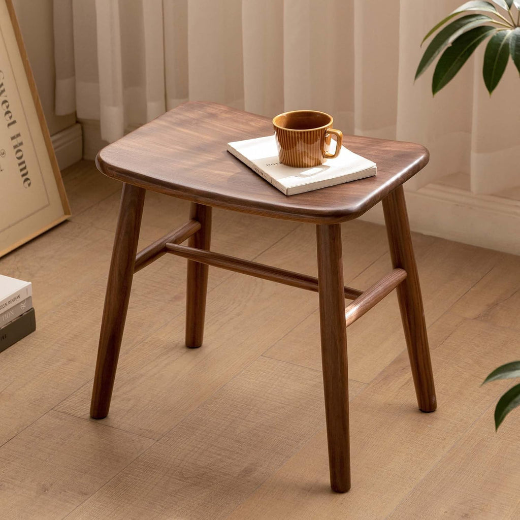 YESWOOD Small Vanity Stool, Black Walnut Wood Makeup Chair, Curved Surface Footstool for Bedroom, Dining Room, Entryway, Walnut Color