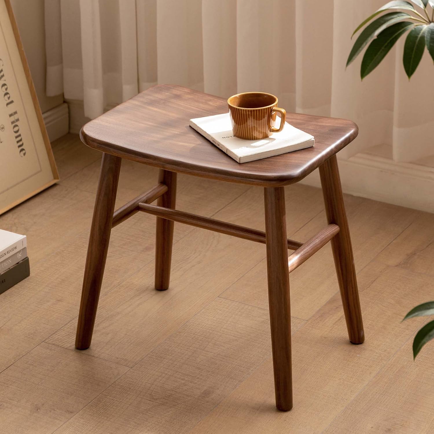 YESWOOD Small Vanity Stool, Black Walnut Wood Makeup Chair, Curved Surface Footstool for Bedroom, Dining Room, Entryway, Walnut Color