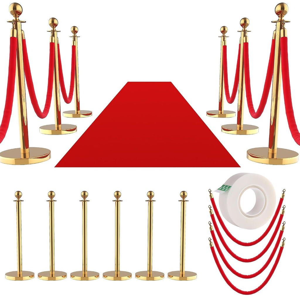 121Pcs Stanchions and Velvet Ropes with 15ft Red Carpet,Complete Crowd Control Barriers Set with 10 Red Velvet Ropes & Stainless Steel Posts for Party, Wedding, Event Supplies,Gold